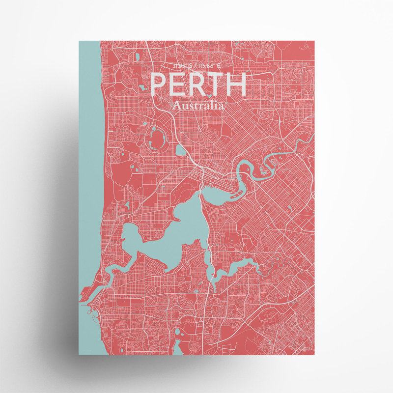 «Perth City Map», impression, Rose / bleu pastel, H 24 po x l 18 po