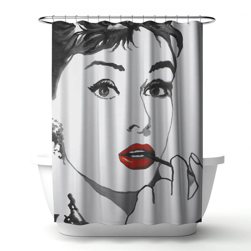 Shower Curtain FI19 – Polyester Shower Curtain, Dye Sublimation Print, 71" W × 74" L, White/Black/Red