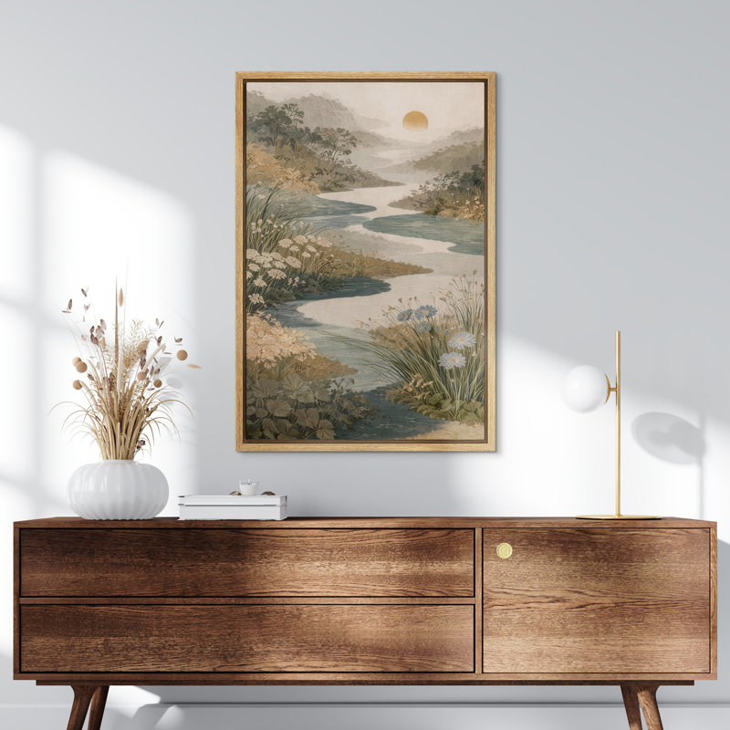 Golden Meadow River Valley avec fleurs sauvages et soleil couchant, impression sur toile, H 24 po x l 16 po, Naturel