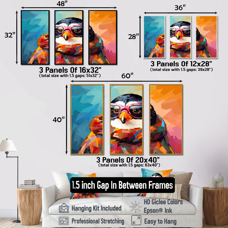 Pop art pingouin avec lunettes de soleil - art mural pingouin, H 40 po x l 61 po, Cadre flottant brun