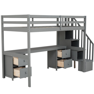 Lit mezzanine simple gris avec bureau et double rangement pour le rangement apparent, aspect fini