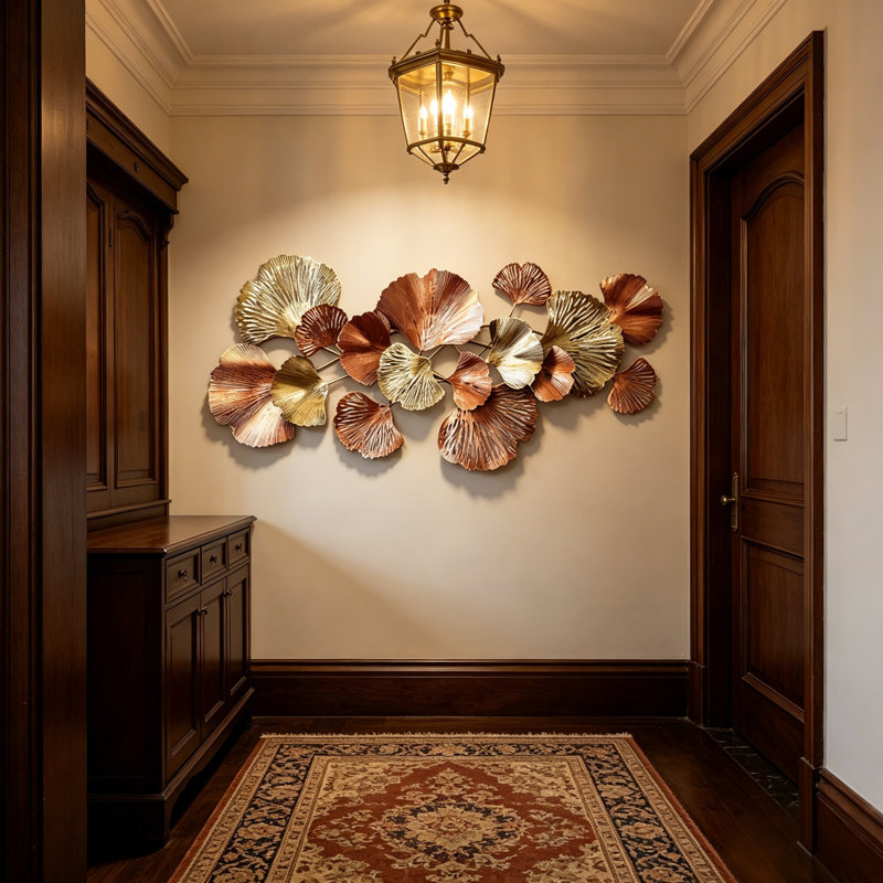 Décoration murale cuivre et feuille de ginkgo en cuivre doré, art mural 3D de 53,5 po de largeur, décoration murale horizontale de luxe moderne pour la maison