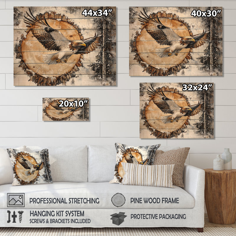 Aigle, esprit du vent dans la forêt hivernale II - aigle, art mural en bois sur bois de pin naturel, H 24 po x l 32 po