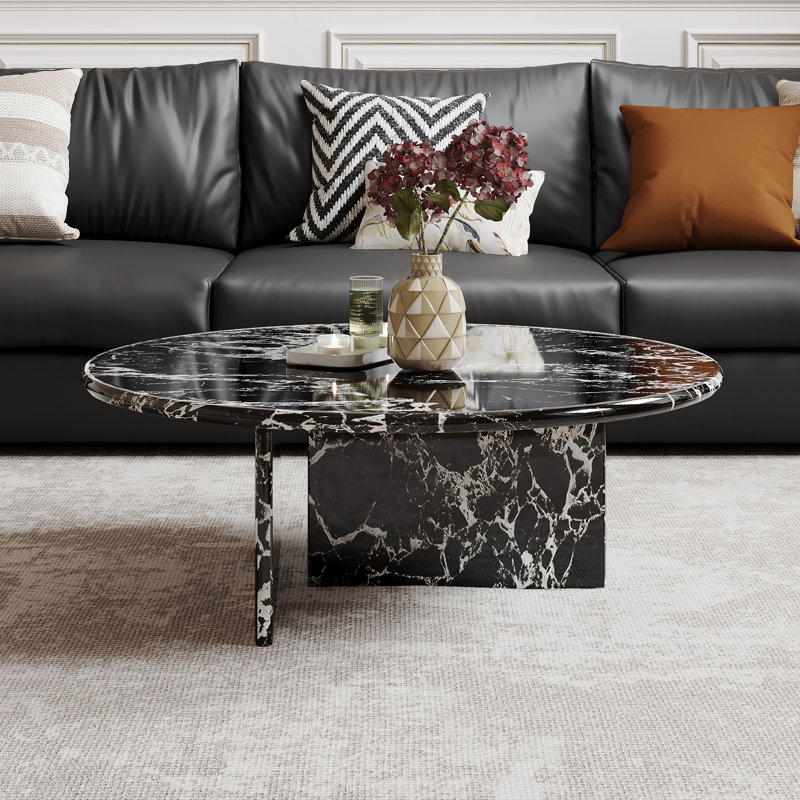 35.4'' Modern Oval Genuine Marble Coffee Table with Geometric Cutout Base – Black Veined Solid Marble Centerpiece for Living Room