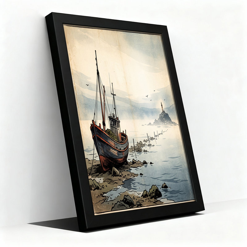 Art rétro sur toile, bateau de pêche rétro sur un rivage rocheux, H 28 po x l 40 po