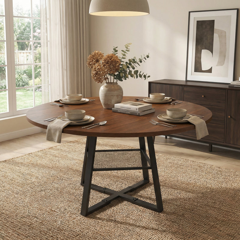 47" Round Extendable Dining Table with Storage, Walnut Finish, Metal Frame, Seats 4-8