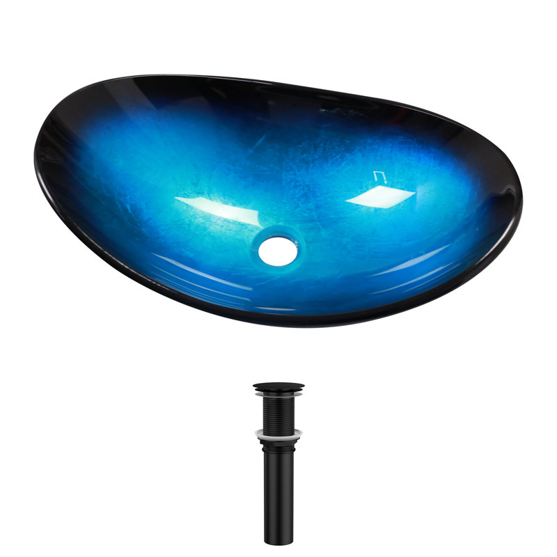 21"L x 13"W Glass Bathroom Basin Oval Tempered Glass Artistic Bathroom Sink with Pop-up Drain
