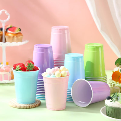 100 Pcs 12 Oz Disposable Plastic Party Cups, Rainbow Color Drinking Cups, Durable & Lightweight Reusable For Parties, Holidays, Events & Home Use (Pastel)