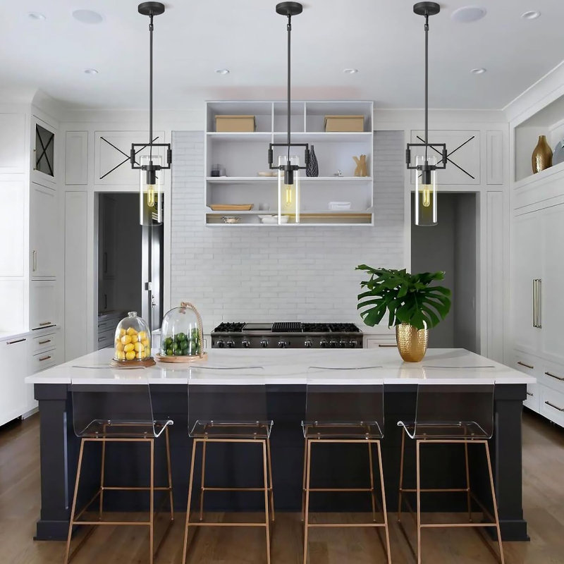 Elodia 3 - Light Knurled-brass Kitchen Island Pendant Light(Bulb Included), Matte Black