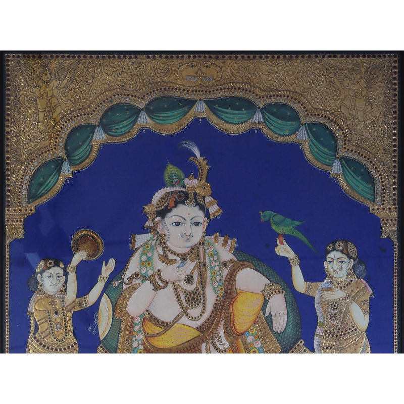 Krishna Darbar Tanjore, peinture avec détails en or 24 carats dans un cadre en bois de teck, art mural indien traditionnel pour le salon ou la chambre Pooja