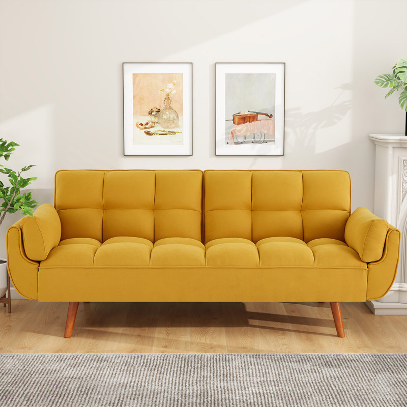 75.39 IN. Futon Sofa Bed, Convertible Upholstered Couch Sleeper With Reclining Sleeper Split Tufted Back, Yellow
