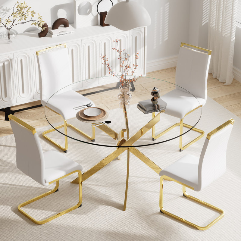 Ensemble de table de salle à manger 5 pièces, table ronde en verre trempé de 47 pouces et 4 chaises de salle à manger rembourrées.