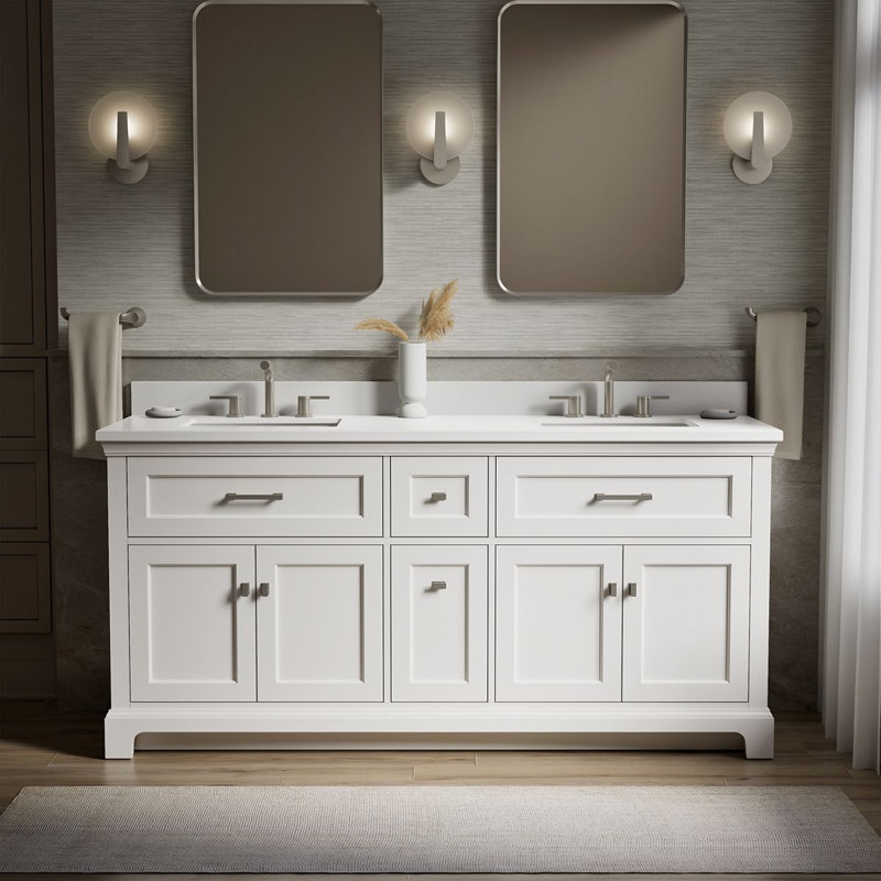 Charlemont 60 In. Bathroom Vanity Cabinet With Sinks And Quartz Top, White, Brushed Nickel