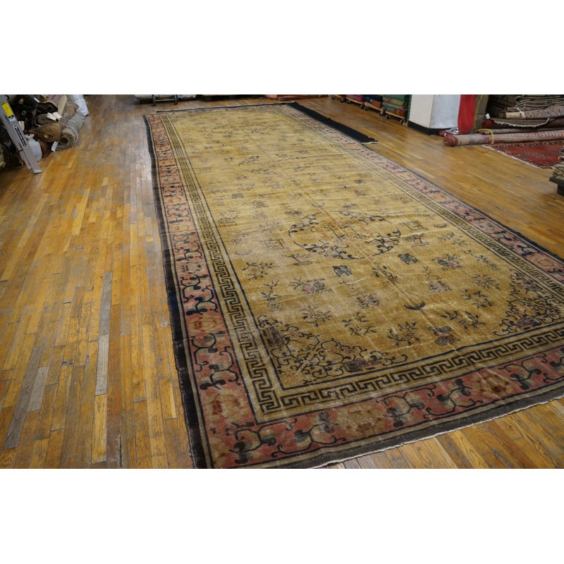 Light Yellow Antique Distressed Oversized Chinese Knotted Rug
