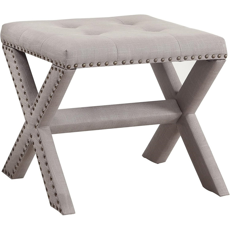 Linen Blend Accent Bench With Nailhead Trim, Gray Linen