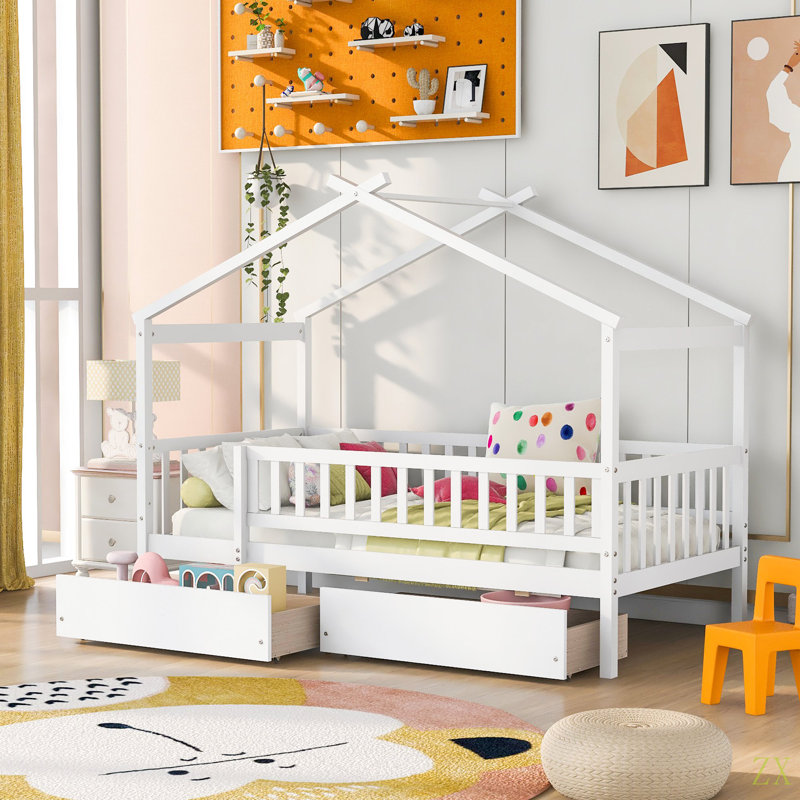 Lit simple en bois avec deux tiroirs, Blanc