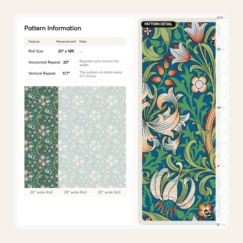 Papier peint à motif de lis doré William Morris Bryelle Peel & Stick Roll 1899 John Henry Dearles Design, Vert
