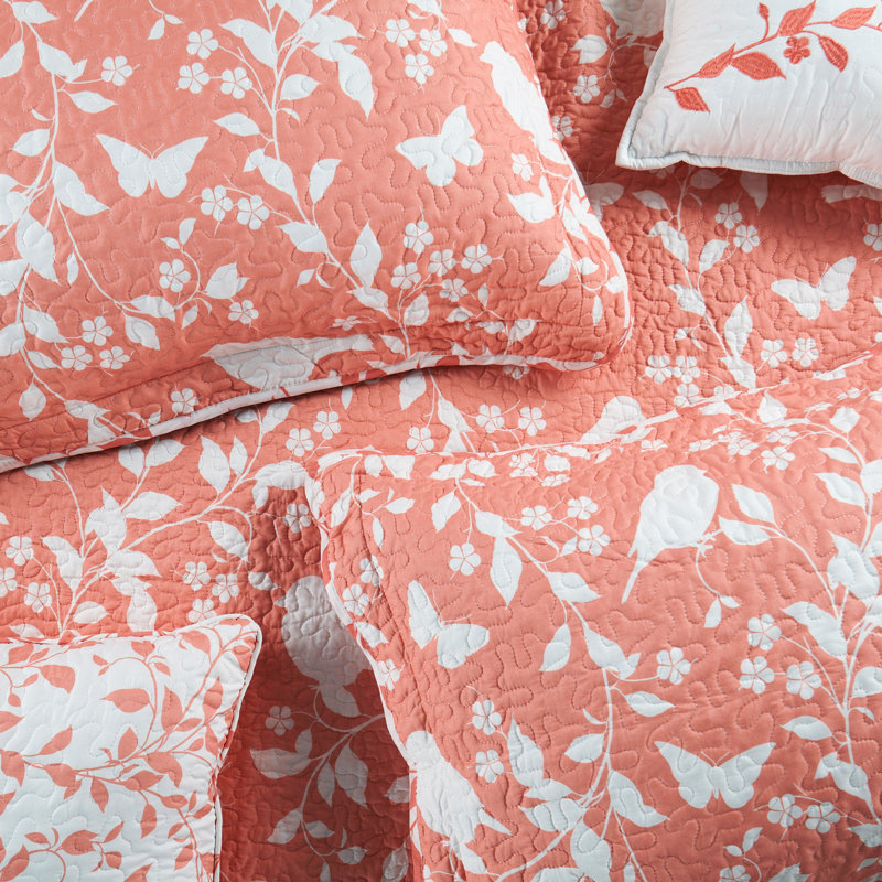 Ensemble de courtepointe 6 pièces en microfibre imprimée, Couvre-lit pour grand lit + 2 grandes taies décor, Corail