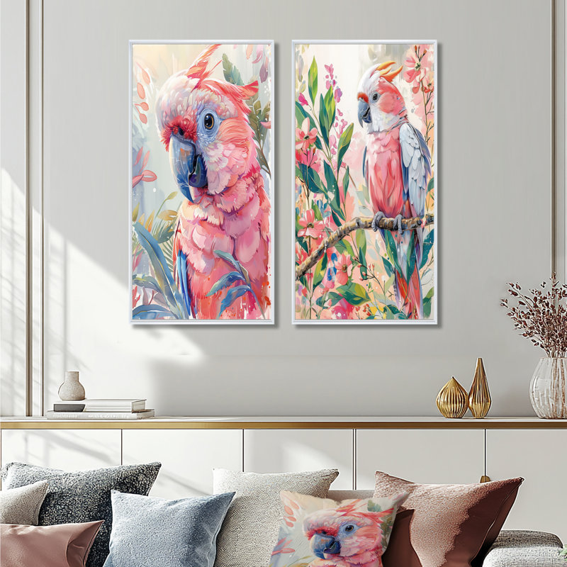 Rose, vert, cacatoès, jungle, rêves I - ensemble d'art mural perroquet 2 pièces, H 40 po x l 40 po, Impression encadrée