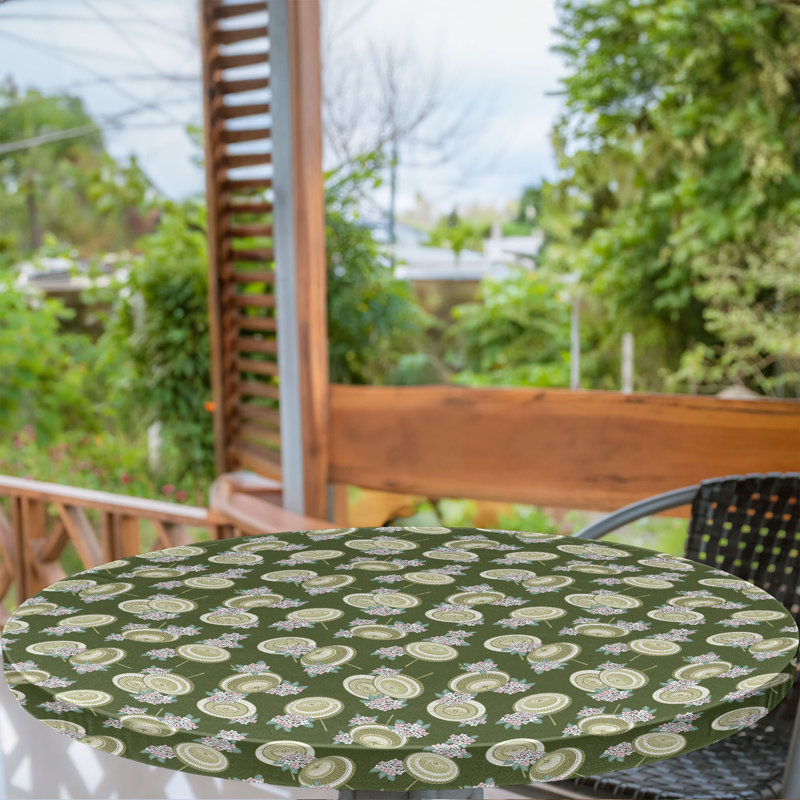 Ebern Designs Umbrella Fitted Round Tablecloth Olive Green and Multicolor