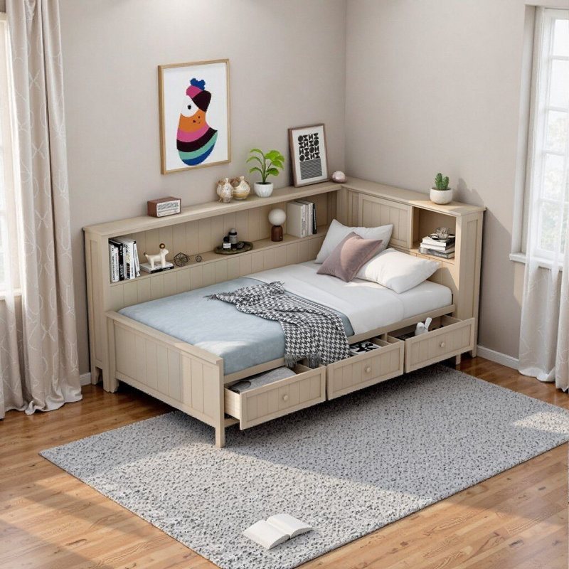 Storage Daybed Farmhouse Style - Full Size Bed Frame with Shelves & Drawers, Antique White, Lit simple