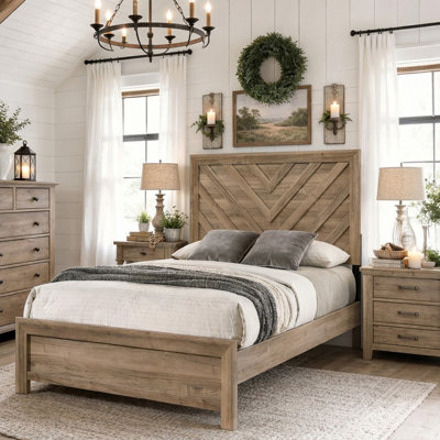 Chevron Wood Platform Bed Frame with Textured Headboard and Warm Natural Finish