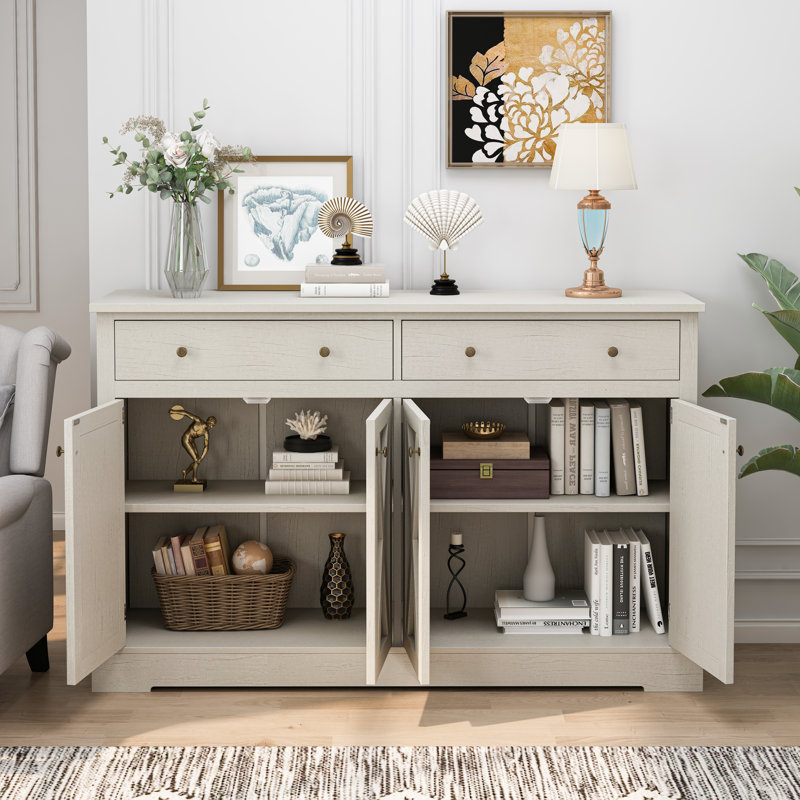 Storage Sideboard Cabinet with Two Drawers and Four Doors, White