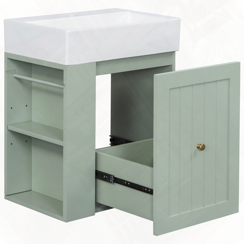 Meuble-lavabo moderne avec tiroir en céramique et tablette latérale, Vert