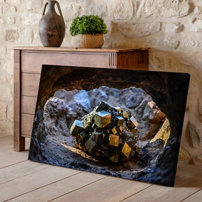 Canvas A Stunning Cluster Of Golden Pyrite Crystals Emerges From A Wall Art Rocky Cave Illuminated By Dramatic Rays Of Sunlight Canvas Wall Art