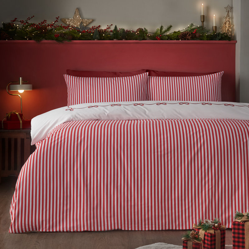 Bow Embroidery Duvet Cover Set, Single Bed (135 x 200 cm), White / Red