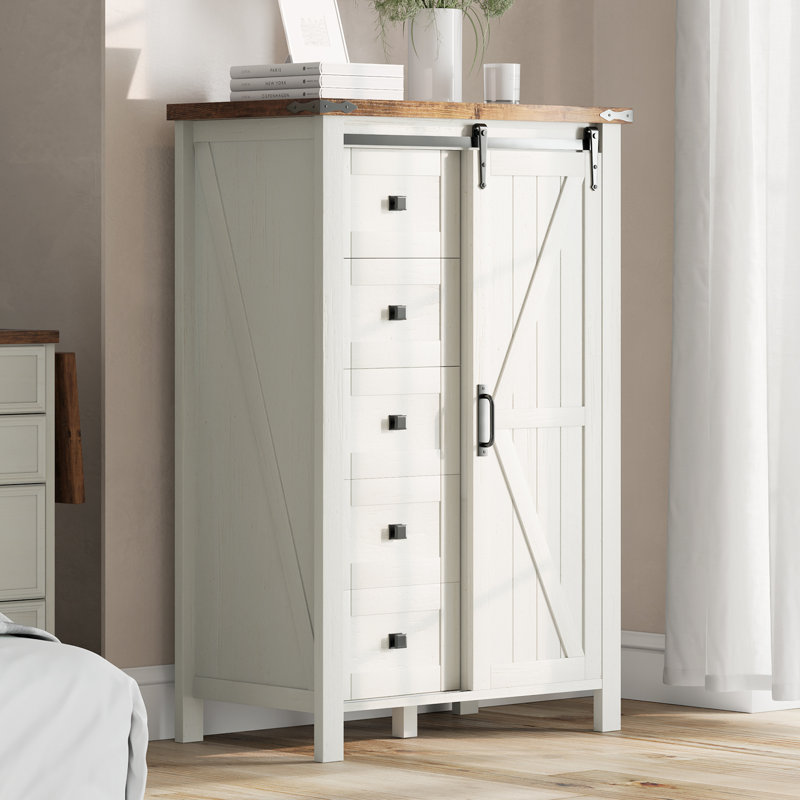 48" Tall Farmhouse 5 Drawers Dressers, White/Brown