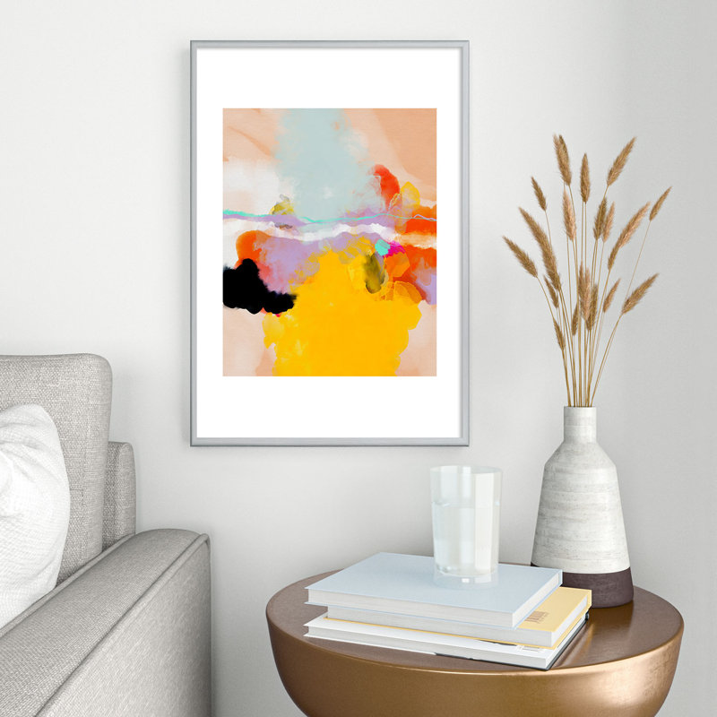 Abstrait jaune rosé encadré sur papier, Argent, H 19 po x l 13 po