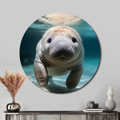 Curious Manatee Gaze III - Animals Round Metal Art