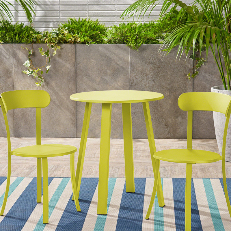 Bistro d'extérieur en lime mat, matériau en fer et attrayant, 2 chaises et 1 table thermolaquées, couleur, pour les rassemblements,