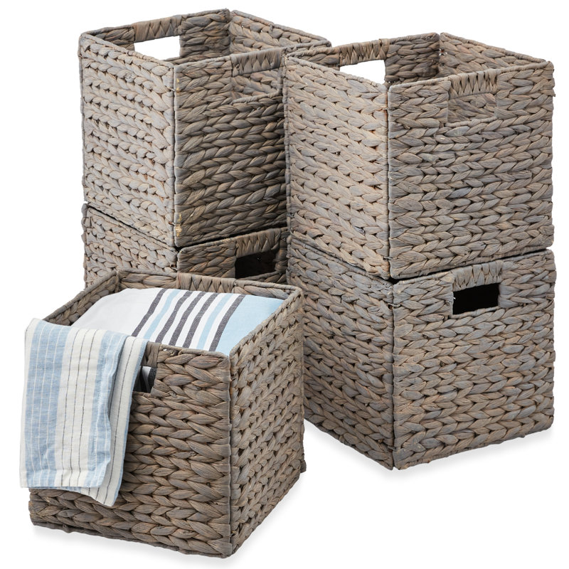 Hyacinth Storage Baskets, 5 Multipurpose Collapsible Organizers w/ Inserts, Gray, 13" H x 13" W x 13" D