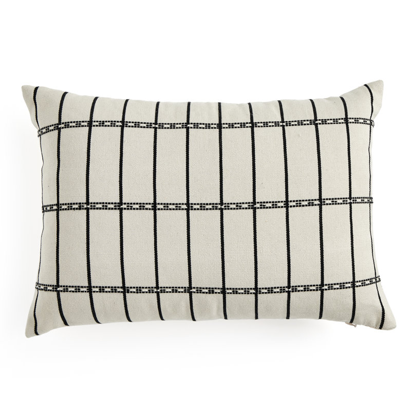Handwoven Rectangular Off-White and Black Cotton Throw Pillow