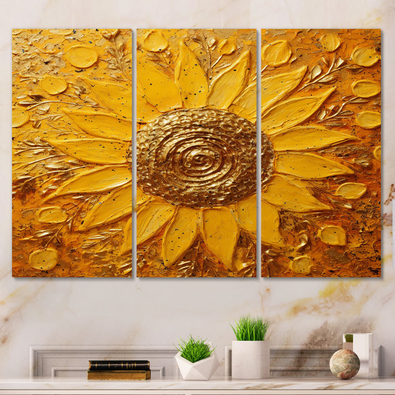 Golden Radiant Sunflower Blooming, ensemble de salon art mural tournesol, H 28 po x l 36 po x P 1 po