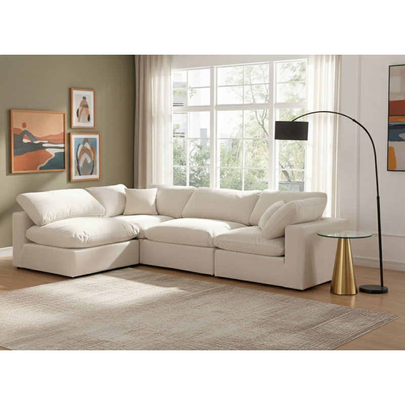 Hulene Velvet L-Shaped Sectional Reversible, Cream Velvet