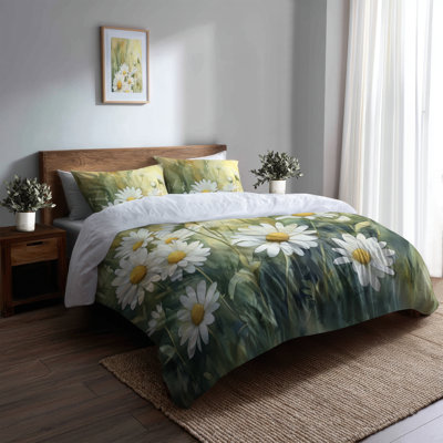 Summer Daisy Glow 3 Pcs Bedding Set - White Meadow Bedding Set
