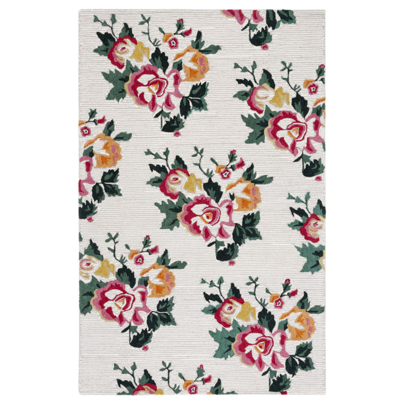 Akyrie Floral Handmade Tufted Wool Ivory/Red Area Rug, Rectangle 4' x 6'