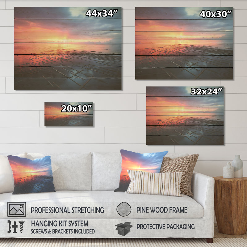Jetée rose et bleue Horizon Sunset III - Jetée côtière sur bois, H 10 po x l 20 po