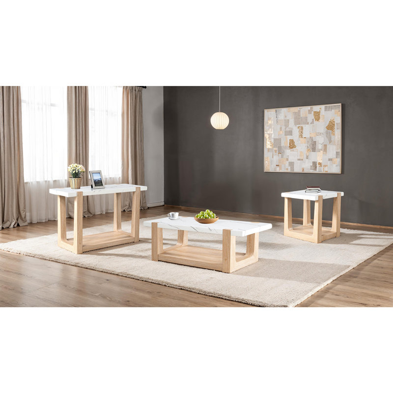 Ensemble de table 3 pièces de style moderne et moderne 1 table basse 1 table de bout 1 table de canapé avec plateau en faux marbre deux tons