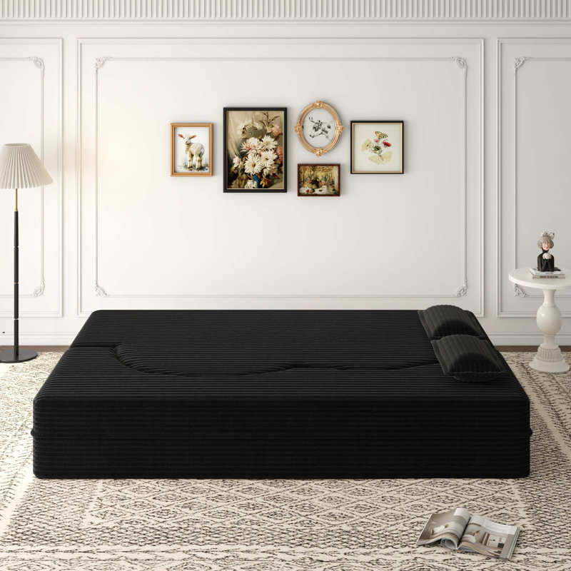 Canapé-lit pliant convertible contemporain en velours côtelé avec 2 coussins pour le salon et le lit d'invité, Noir