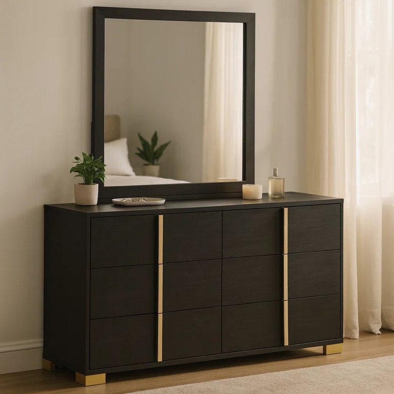 Dex Wide 6 Drawer Dresser With Mirror, Contemporary Gold Metal, Black, Black/Gold