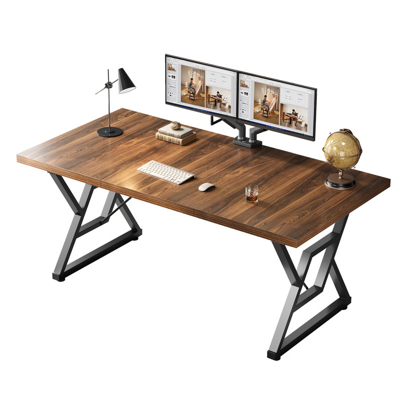 Computer Desk Executive Desk With Thick Wooden Tabletop And Metal Frame, 29.52” H x 63” W x 31.5” D, Brown