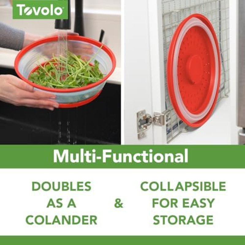 Tovolo Collapsible Microwave Splatter Cover Set of 2, Blue Haze Silicone Medium 10.5 Inch, Candy Apple Red