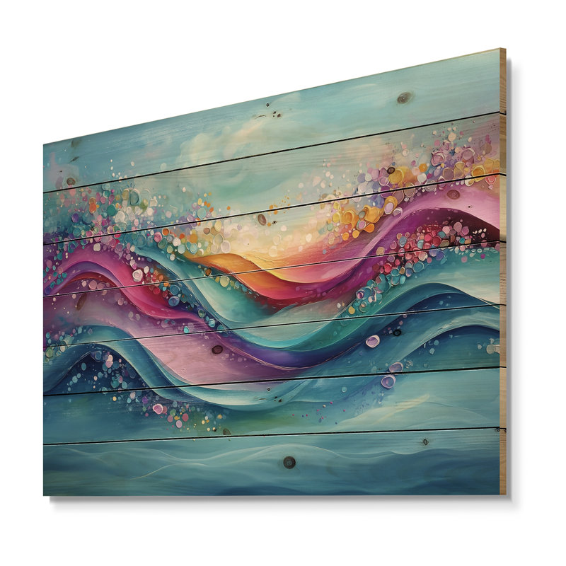 Encre rose et bleue Oceanic Waves II - impression de bois côtier - sur bois de pin naturel, H 24 po x l 32 po x P 0,78 po