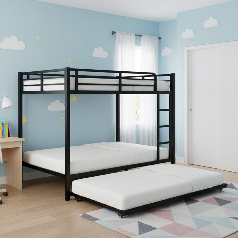 Full Over Full Metal Bunk Bed with Twin Size Trundle for Bedroom, Full Over Full