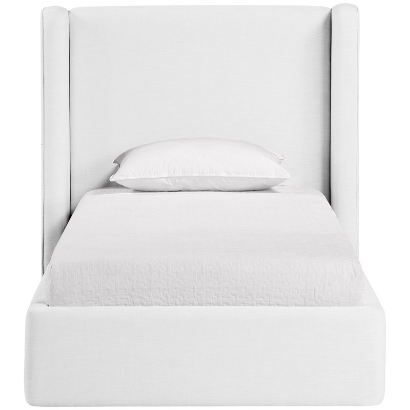 Kendall Wanaque Linen Textured Fabric Upholstered Bed, Twin, White Linen Textured Fabric