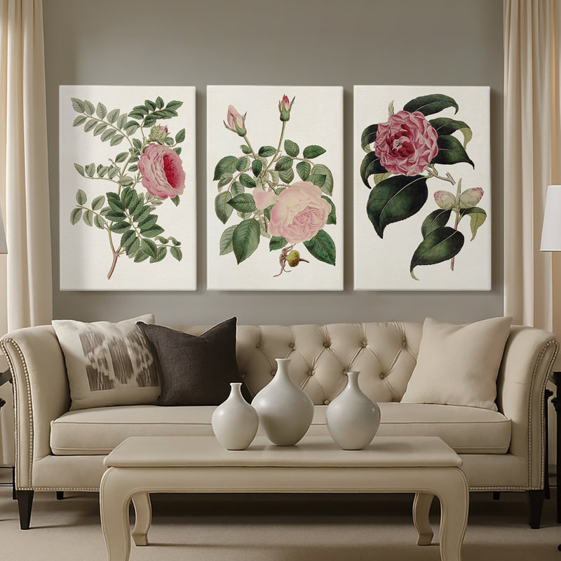 Mélange de fleurs roses I - Toile tendue avec châssis sur mesure - 3 pièces, H 18 po x l 36 po